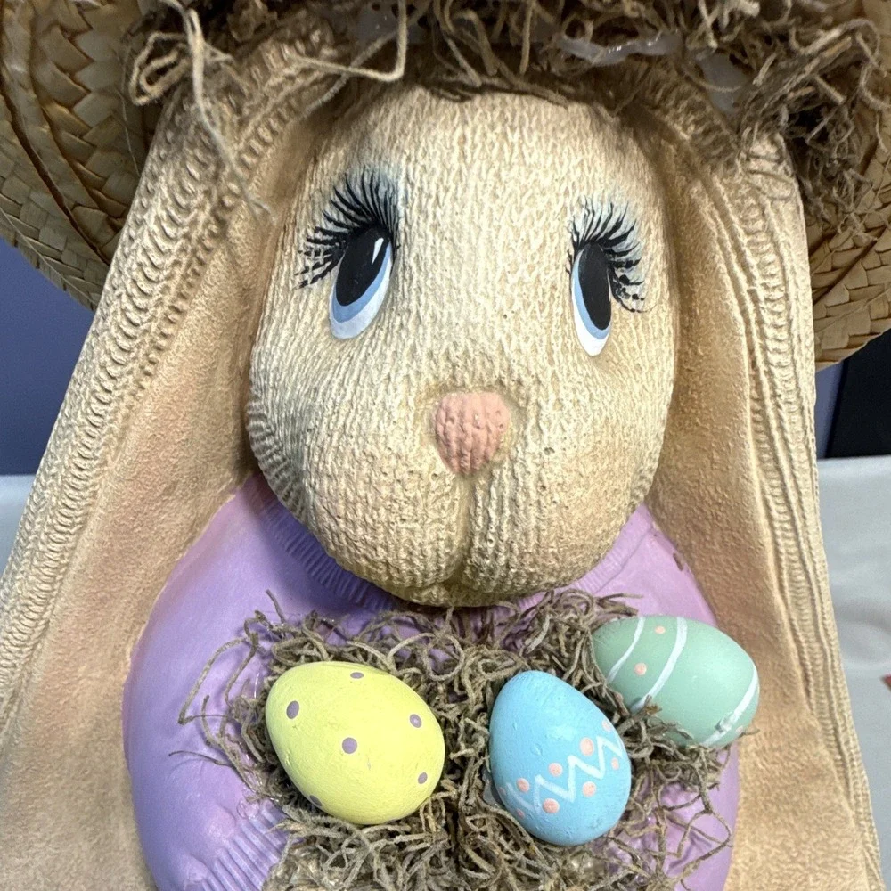 Vintage Clay Magic Ceramic Standing Sock Bunny Figurine Easter Straw Hat 1991